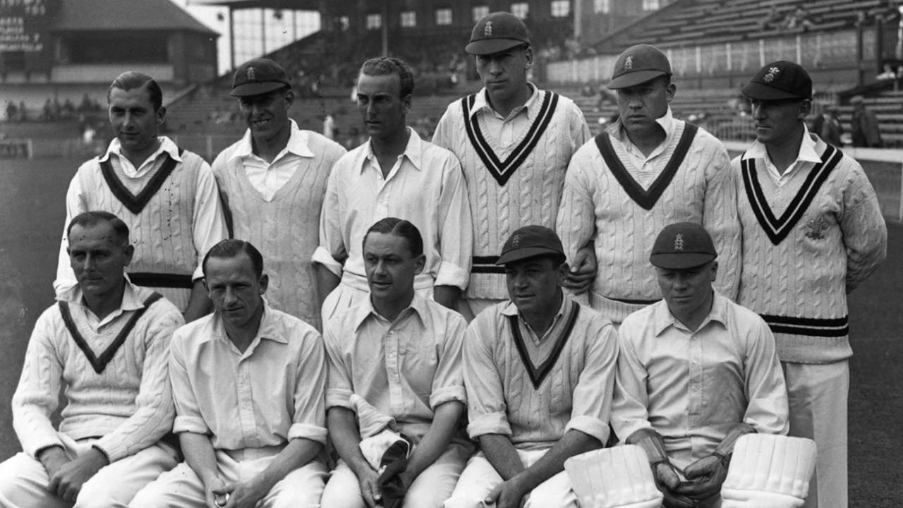 Back row (from left): Harold Gimblett, Arthur Fagg, Joe Hardstaff Jr, Alf Gover, Stan Worthington and Laurie Fishlock. Front row: Hedley Verity, Walter Robins, Gubby Allen (c), Wally Hammond and George Duckworth (wk)