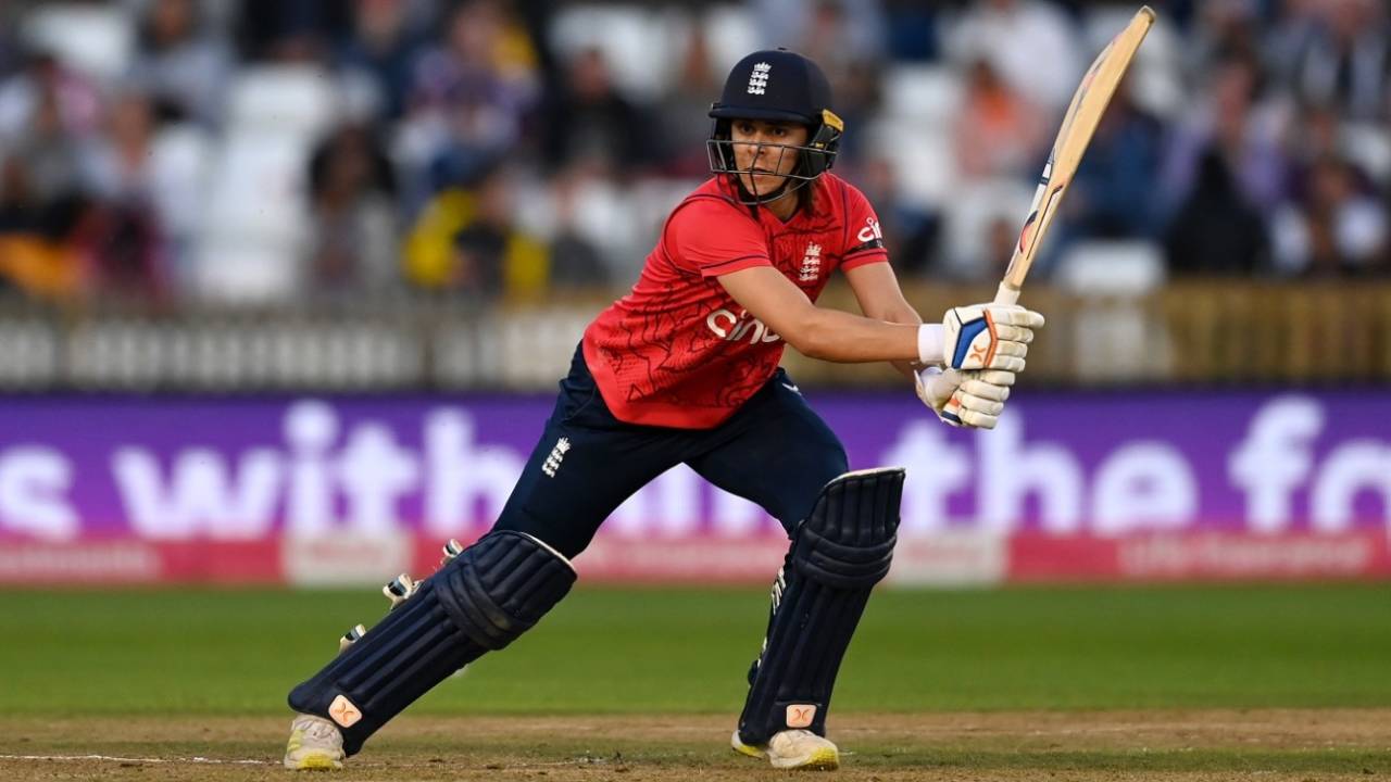 Maia Bouchier drives through the off side, England vs India, 2nd women's T20I, Derby, September 13, 2022