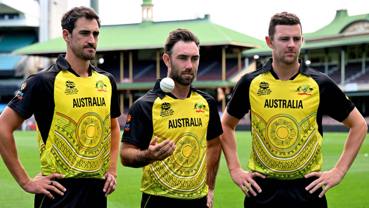 Mitchell Starc, Glenn Maxwell and Josh Hazlewood wearing Australia's Indigenous-themed T20 World Cup kit, Sydney, September 14, 2022