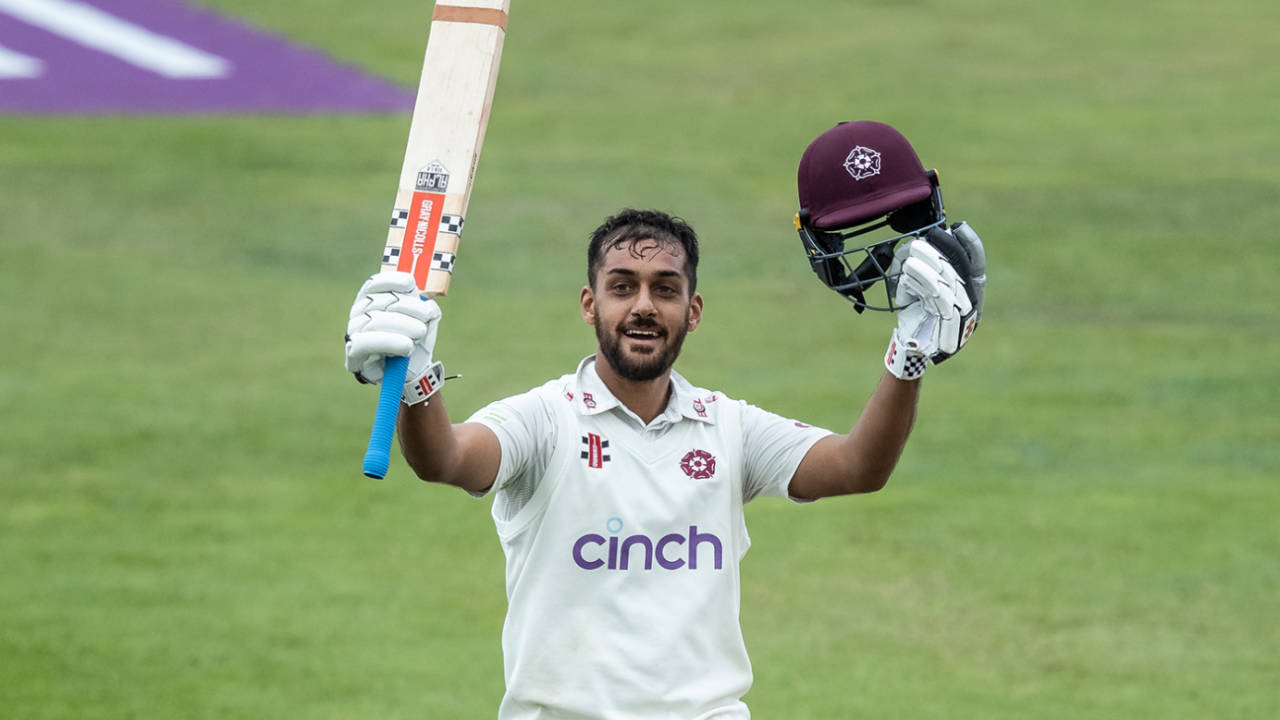 Saif Zaib raises his bat after reaching a century, LV= Insurance County Championship, Division One, Northamptonshire vs Surrey, Northampton, September 15, 2022