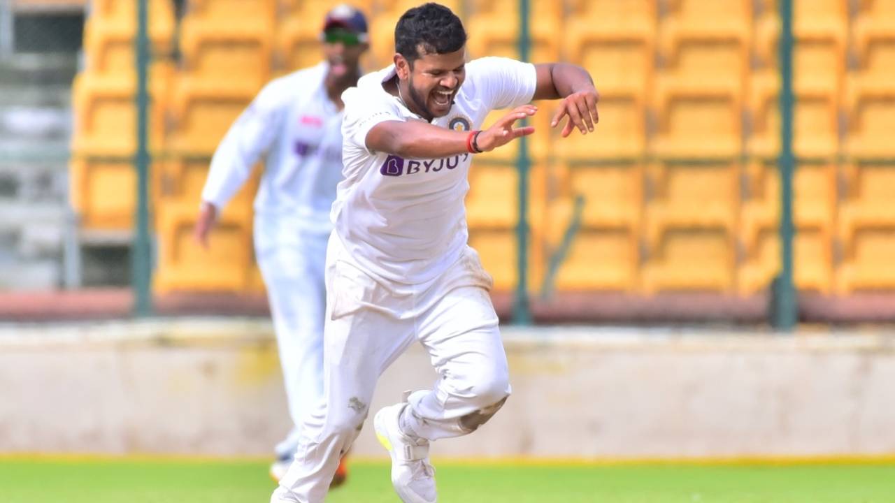 Saurabh Kumar is jubilant after taking a wicket, India A vs New Zealand A, 3rd unofficial Test, Bengaluru, 2nd day, September 16, 2022