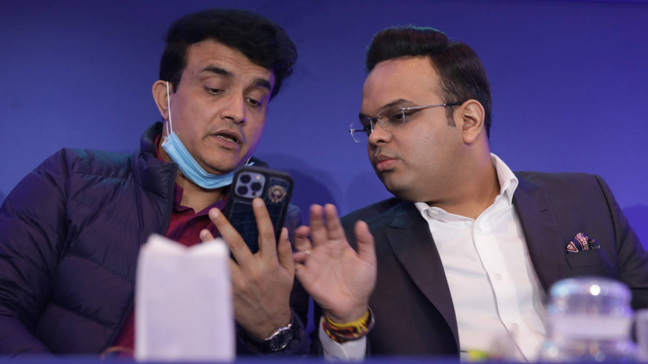 Sourav Ganguly and Jay Shah during the 2022 IPL player auction, Bengaluru, February 13, 2022
