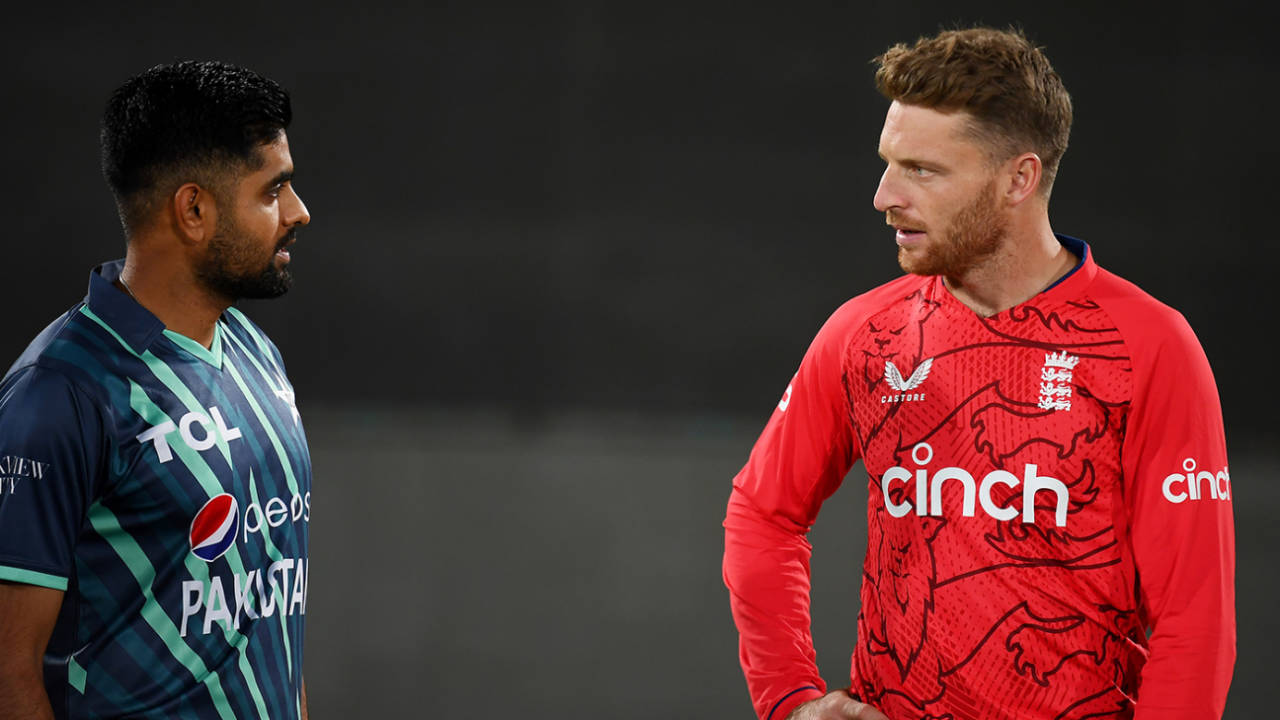 Jos Buttler and his opposite number, Babar Azam, chat during the series launch&nbsp;&nbsp;&bull;&nbsp;&nbsp;Getty Images