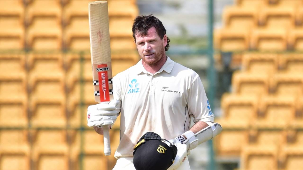 Joe Carter celebrates his hundred, India A vs New Zealand A, 3rd unofficial Test, Bengaluru, 4th day, September 18, 2022