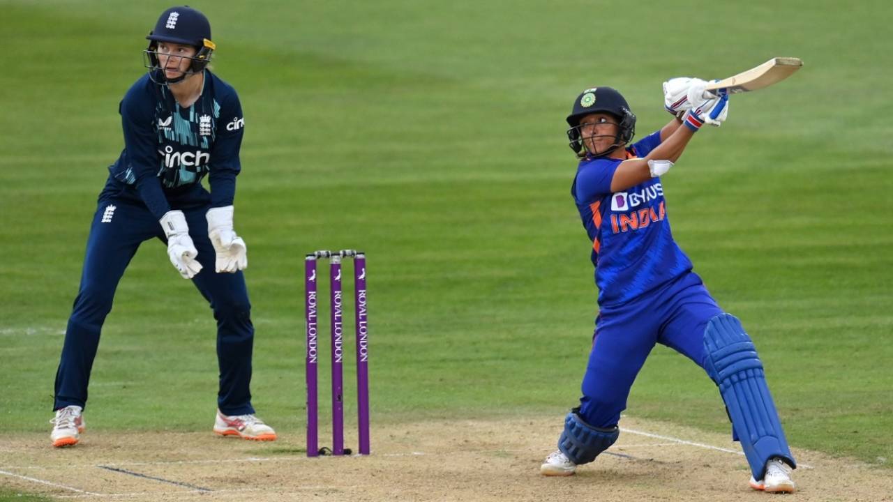 Harmanpreet Kaur flays one over cover-point for six, England vs India, 2nd ODI, Canterbury, September 21, 2022