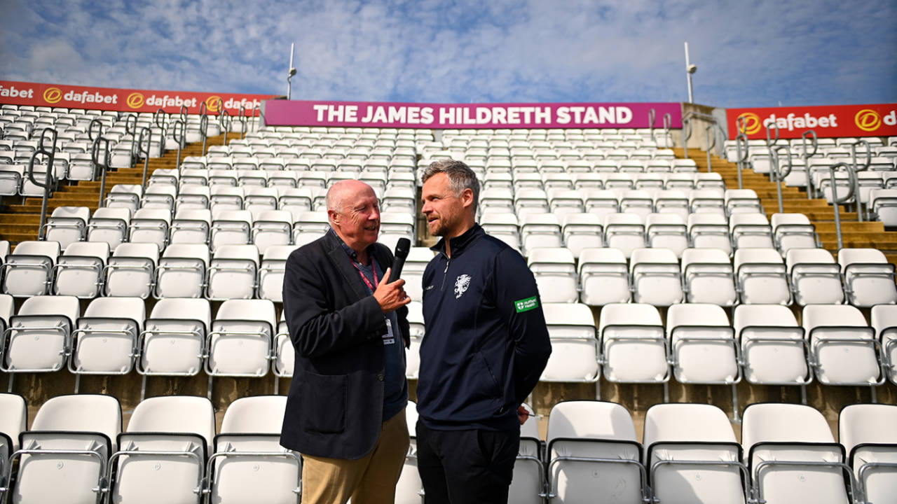 Vic Marks interviews James Hildreth in front of the James Hildreth Stand, Somerset vs Northamptonshire, LV= Insurance County Championship, Division One, Taunton, September 20, 2022