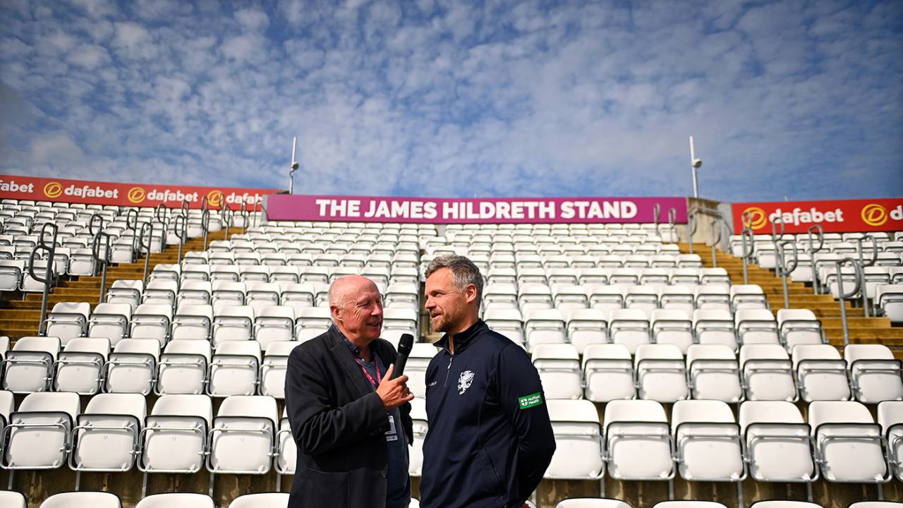 Vic Marks interviews James Hildreth in front of the James Hildreth Stand