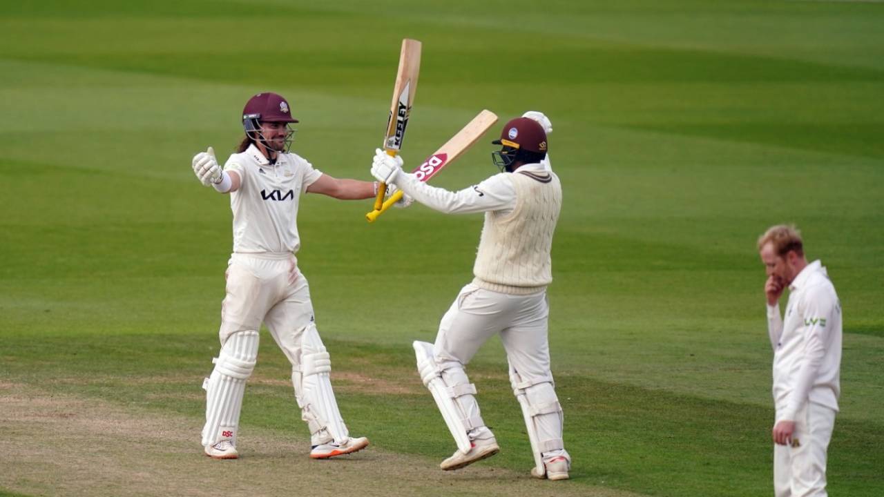 Rory Burns and Ryan Patel celebrate the moment of Championship victory, Surrey vs Yorkshire, LV= Insurance County Championship, Division One, The Oval, September 22, 2022