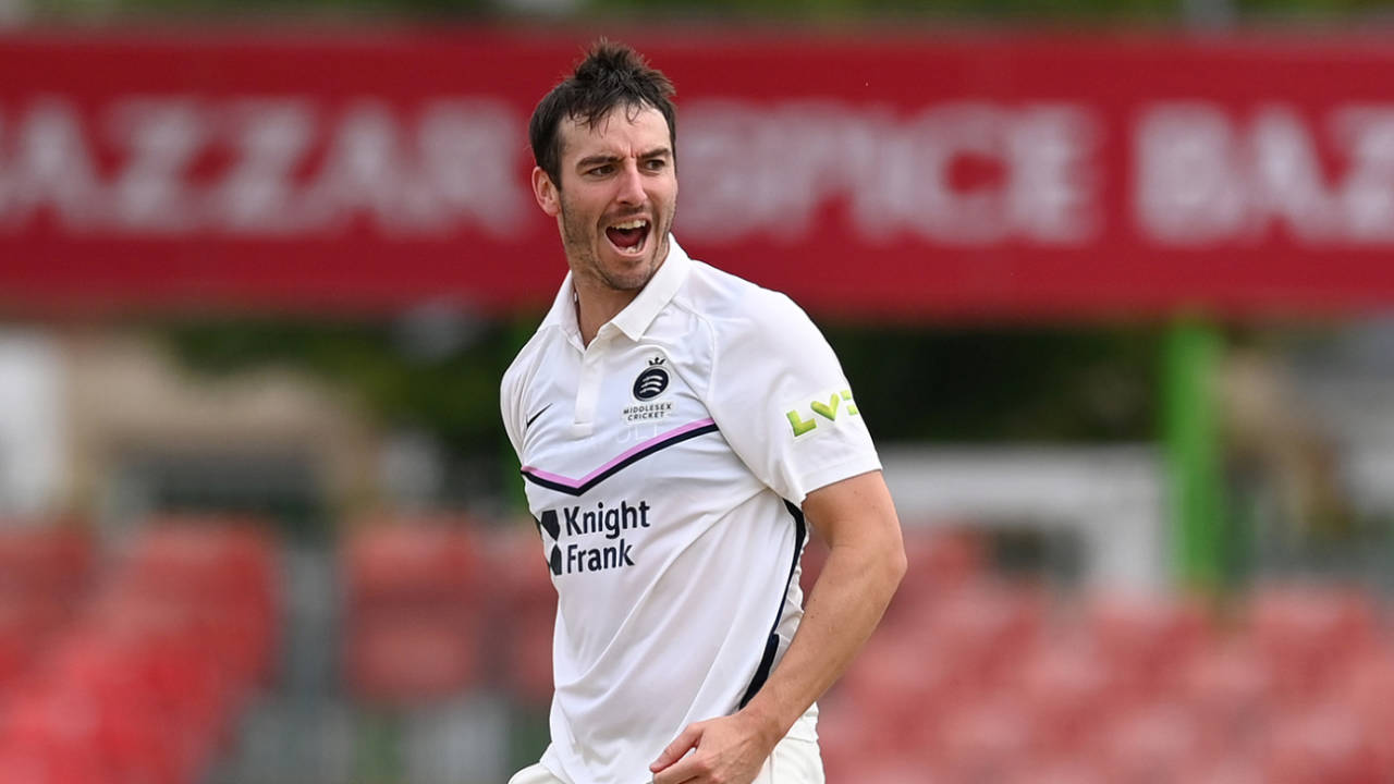 Toby Roland-Jones roars with delight after dismissing Colin Ackermann, LV= Insurance County Championship, Leicestershire vs Middlesex, Leicester, September 21, 2022