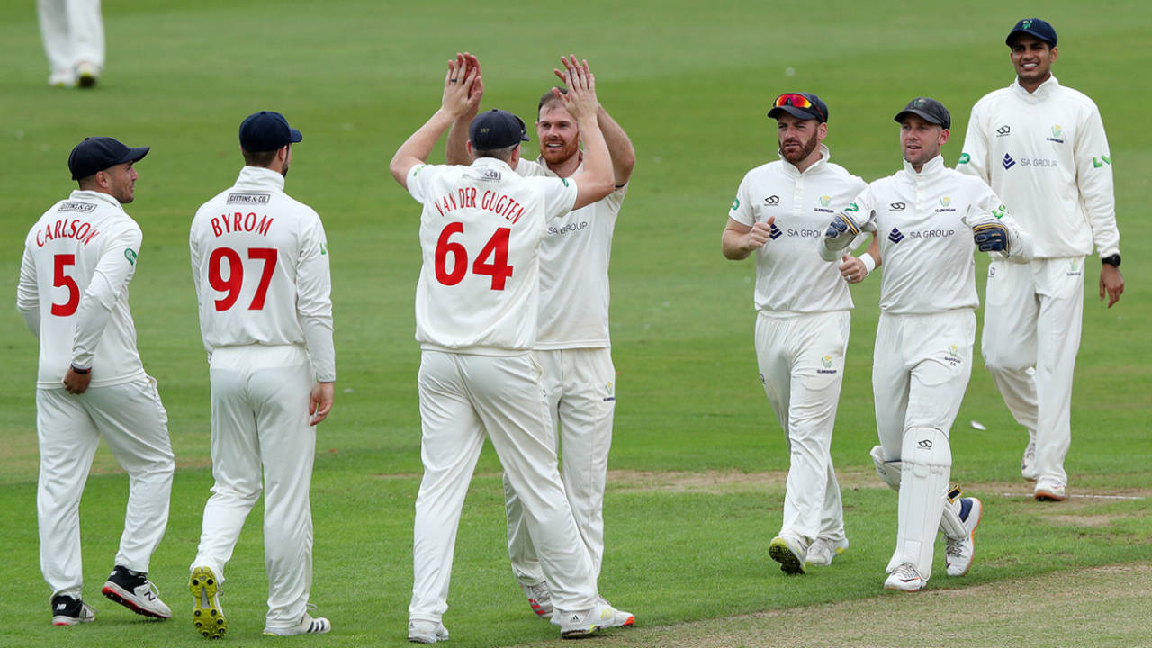 James Harris celebrates a wicket with teammates, LV= Insurance County Championship, Glamorgan vs Worcestershire, Sophia Gardens, September 05, 2022
