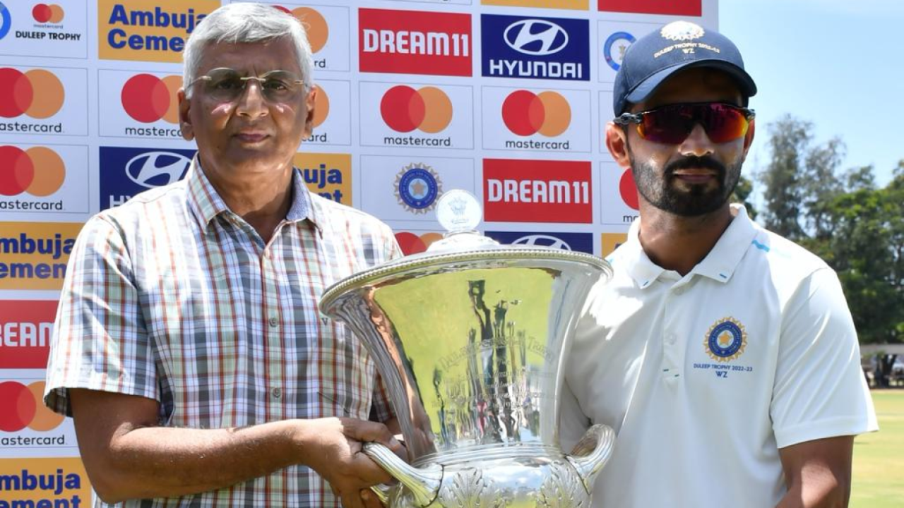 West Zone captain Ajinkya Rahane collects the Duleep Trophy, West Zone vs South Zone, final, Coimbatore, 5th day, Duleep Trophy, September 25, 2022