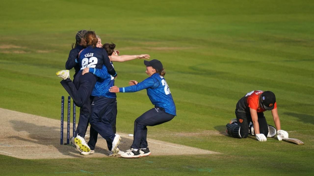 Northern Diamonds celebrate the moment of victory in the Rachael Heyhoe Flint Trophy final, Lord's, September 26, 2022