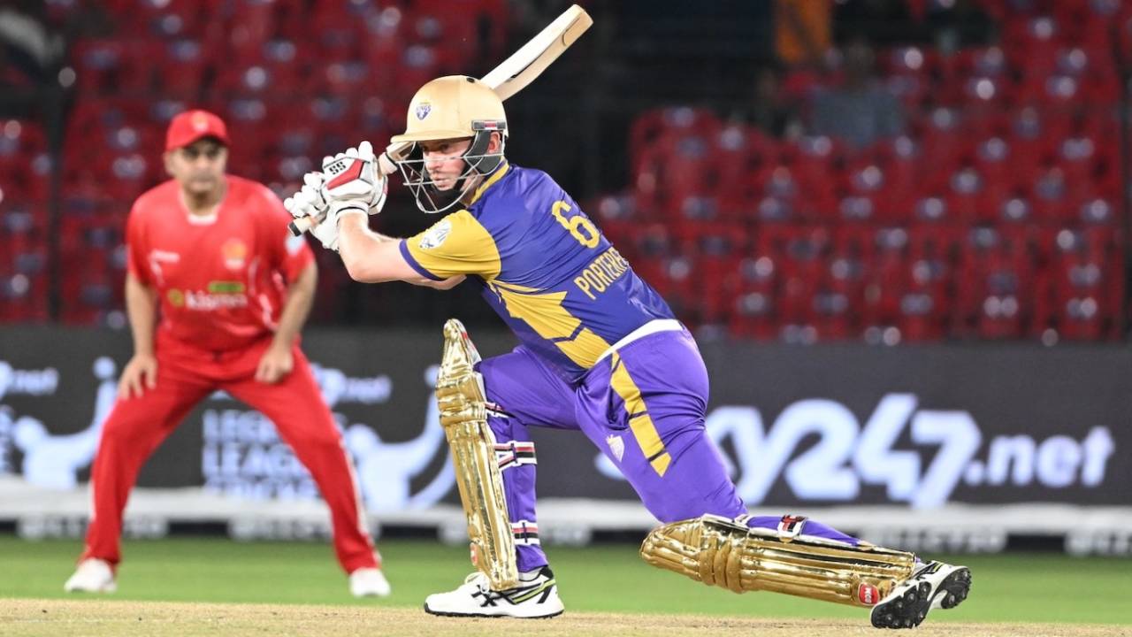 William Porterfield drives towards the covers during his half-century, Bhilwara Kings vs Gujarat Giants, Legends League Cricket, Cuttack, September 27, 2022
