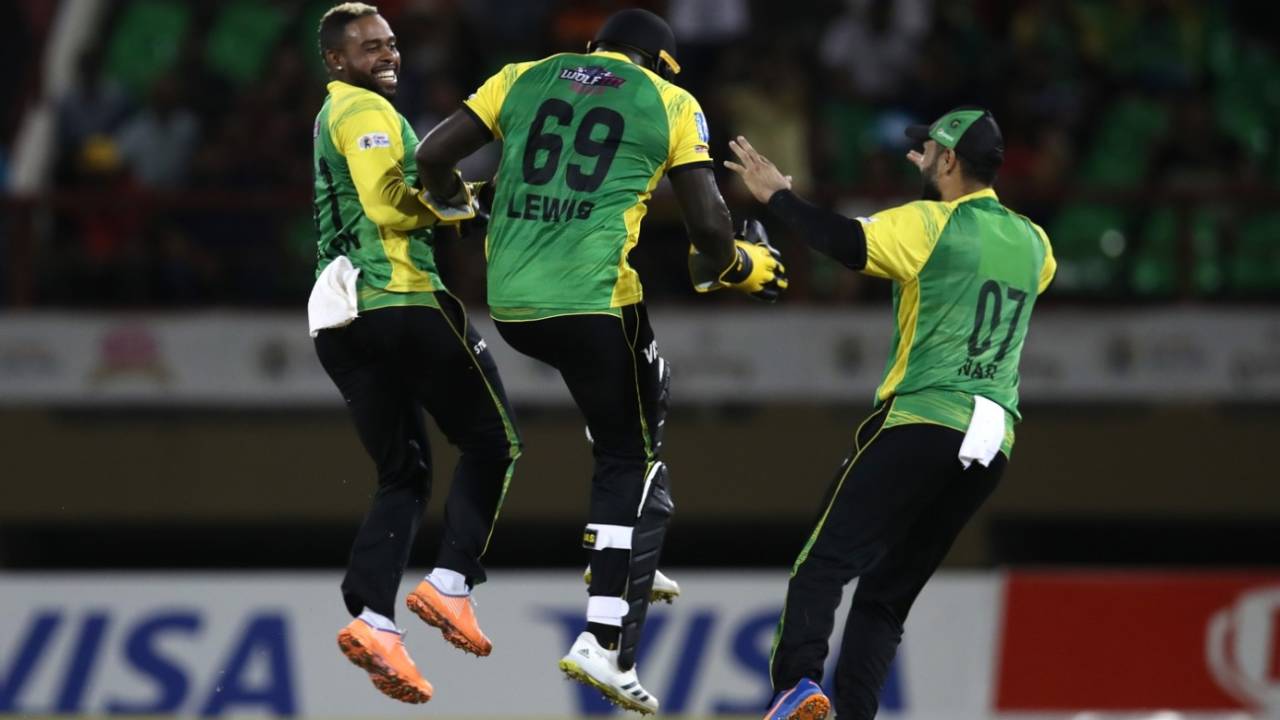 Fabian Allen, Kennar Lewis and Mohammad Nabi celebrate Faf du Plessis' wicket, Jamaica Tallawahs vs St Lucia Kings, Eliminator, Providence, CPL, September 27, 2022