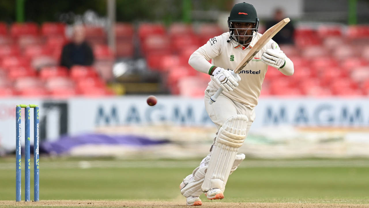 Rehan Ahmed pushes into the off side, Leicestershire vs Middlesex, LV= County Championship, Grace Road, September 21, 2022