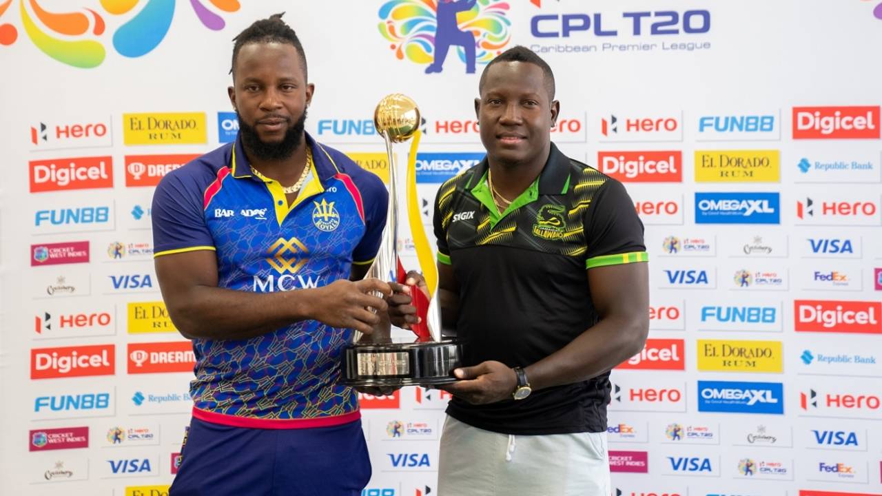 Kyle Mayers and Rovman Powell with the trophy, Barbados Royals vs Jamaica Tallawahs, CPL final, Providence, September 29, 2022