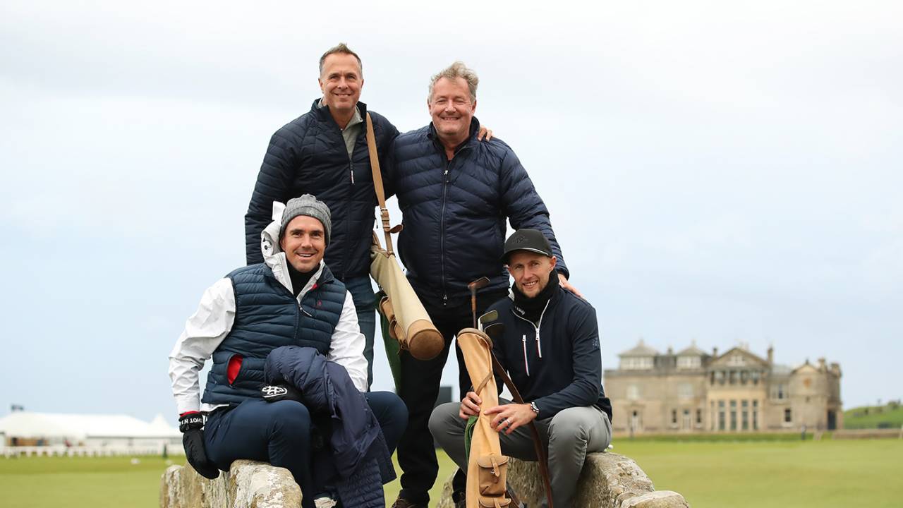 Kevin Pietersen, Michael Vaughan, Piers Morgan and Joe Root at the Alfred Dunhill Links Championship, St Andrews, September 29, 2022