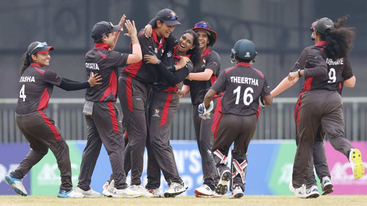 The UAE players congratulate Suraksha Kotte after she dismissed Hasini Perera, Sri Lanka vs United Arab Emirates, Women's T20 Asia Cup, Sylhet, October 2, 2022