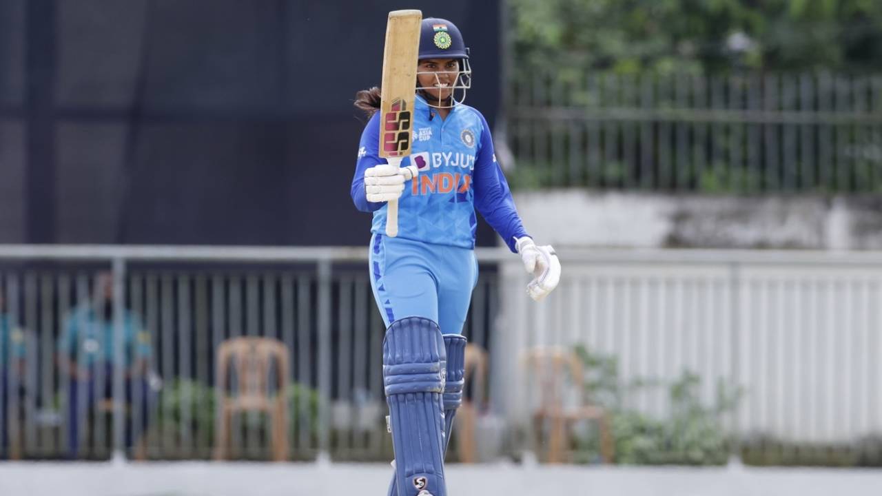 S Meghana raises her bat after reaching a half-century, India vs Malaysia, Women's T20 Asia Cup 2022, Sylhet, October 3, 2022
