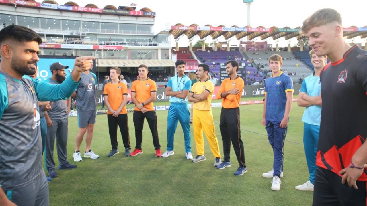 Babar Azam interacts with some of the overseas PJL players at the Gaddafi Stadium&nbsp;&nbsp;&bull;&nbsp;&nbsp;PCB