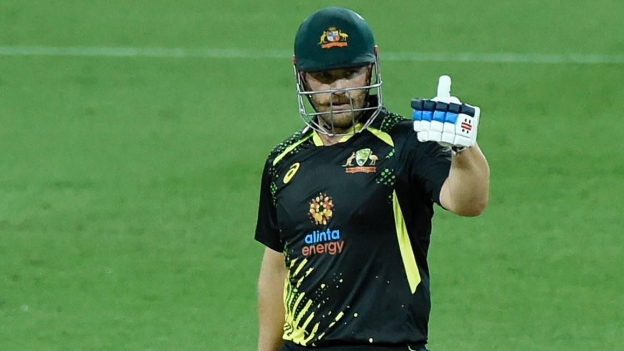 Aaron Finch gives a thumbs-up after reaching a half-century, Australia vs West Indies, 1st T20I, Carrara, October 5, 2022