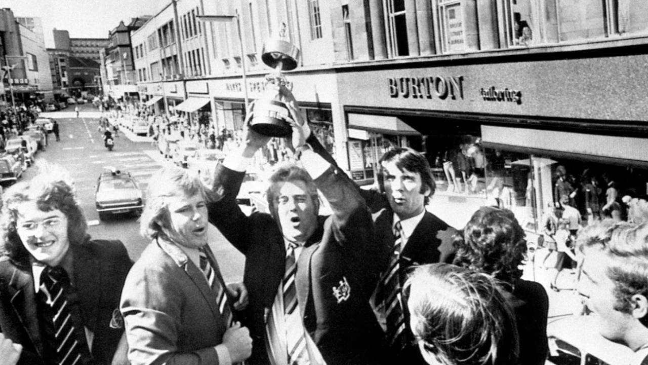 James Float, Mike Procter, David Shepherd, Tony Brown and Roger Knight celebrate Gloucestershire's Gilette Cup win on an open top bus through the streets of Bristol, September 04, 1973