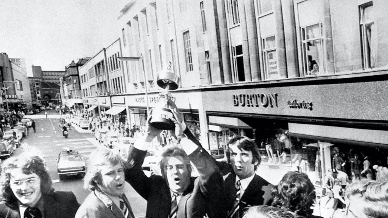 James Float, Mike Procter, David Shepherd, Tony Brown and Roger Knight celebrate Gloucestershire's Gilette Cup win on an open top bus through the streets of Bristol, September 04, 1973