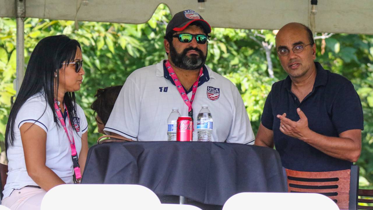 USA Cricket board members Nadia Gruny and Sushil Nadkarni chat with ACE and MLC co-founder Sameer Mehta