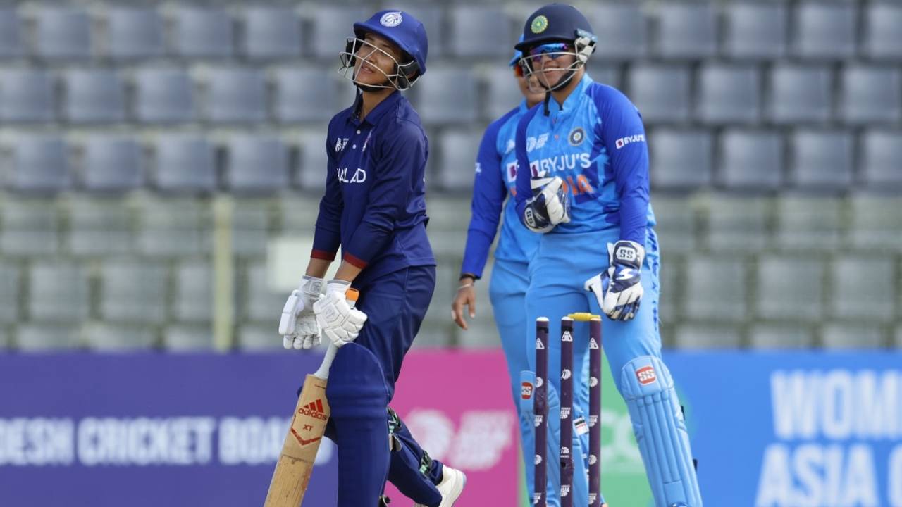 Natthakan Chantham is dejected after chopping a sharp-spinning delivery from Deepti Sharma onto her stumps, India vs Thailand, Women's T20 Asia Cup, Sylhet, October 10, 2022