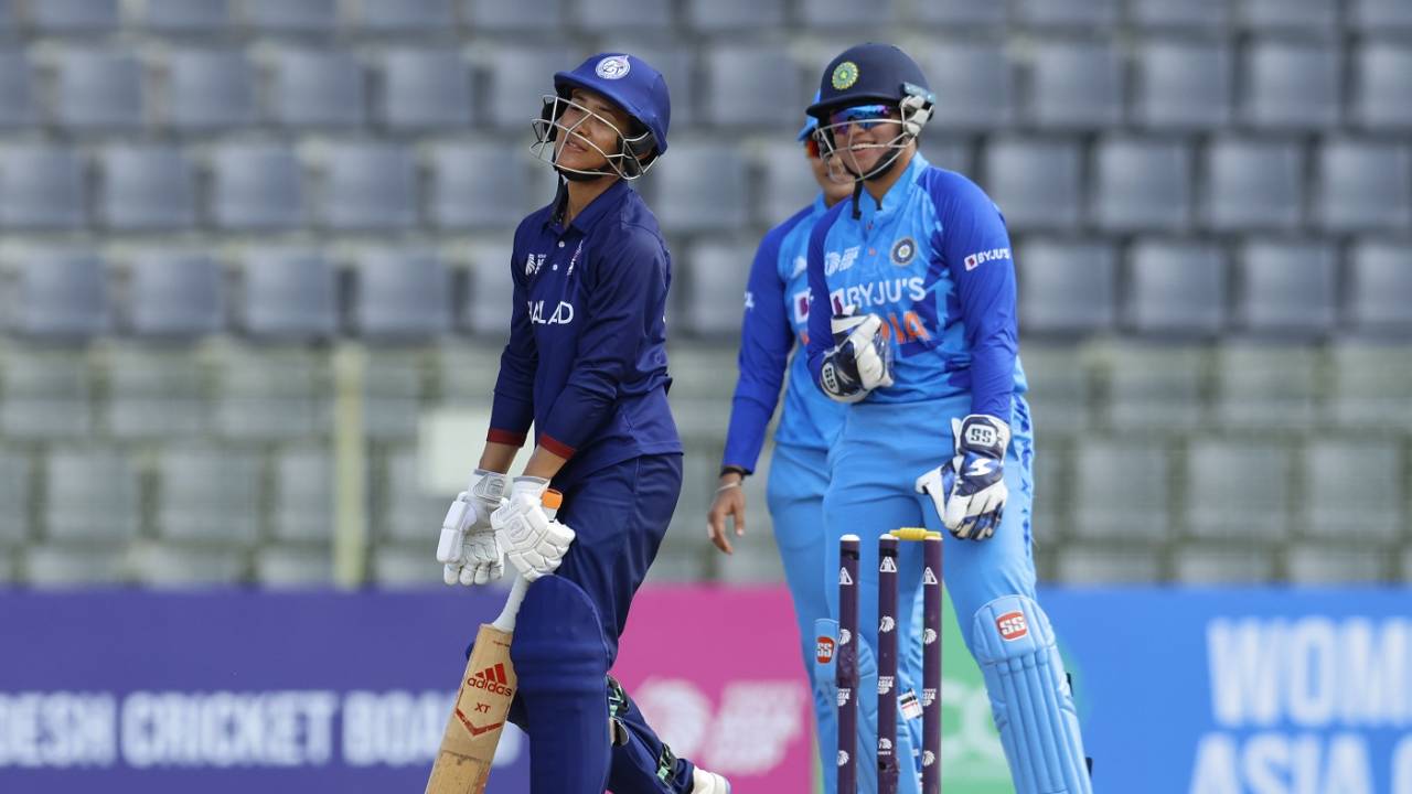 Natthakan Chantham is dejected after chopping a sharp-spinning delivery from Deepti Sharma onto her stumps, India vs Thailand, Women's T20 Asia Cup, Sylhet, October 10, 2022