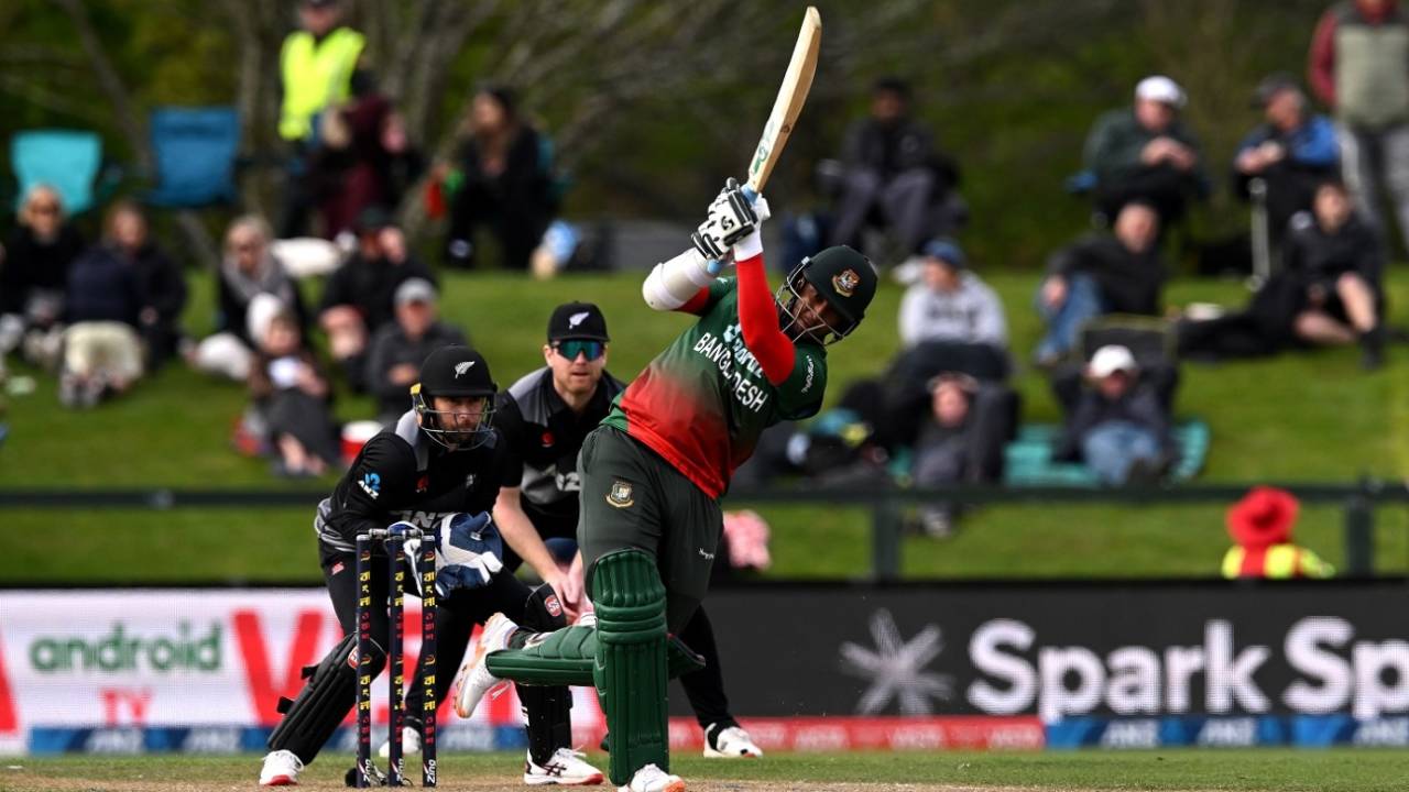 Shakib Al Hasan hits one into the leg side, New Zealand vs Bangladesh, 5th match, New Zealand tri-series, Christchurch, October 12, 2022