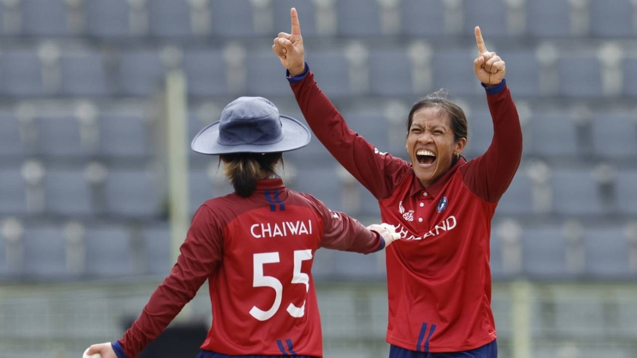 Sornnarin Tippoch is all smiles after getting rid of Shafali Verma, India vs Thailand, 1st semi-final, Women's T20 Asia Cup, Sylhet, October 13, 2022