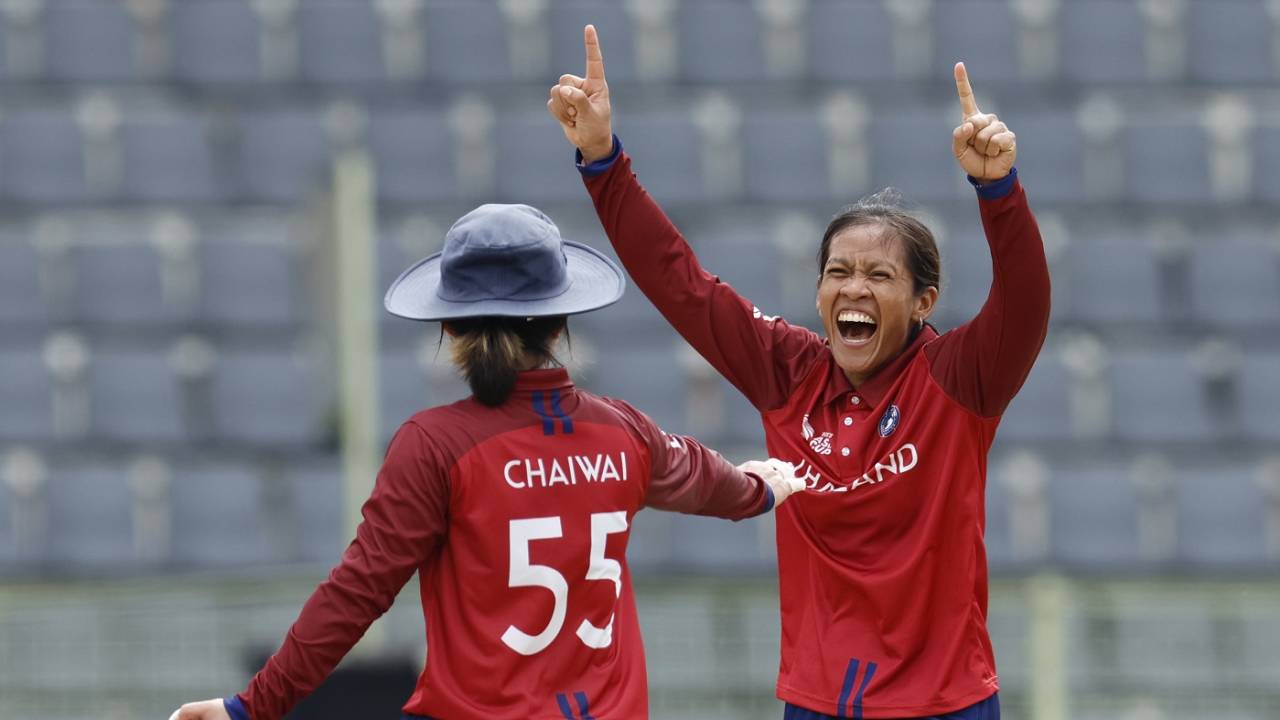 Sornnarin Tippoch is all smiles after getting rid of Shafali Verma, India vs Thailand, 1st semi-final, Women's T20 Asia Cup, Sylhet, October 13, 2022