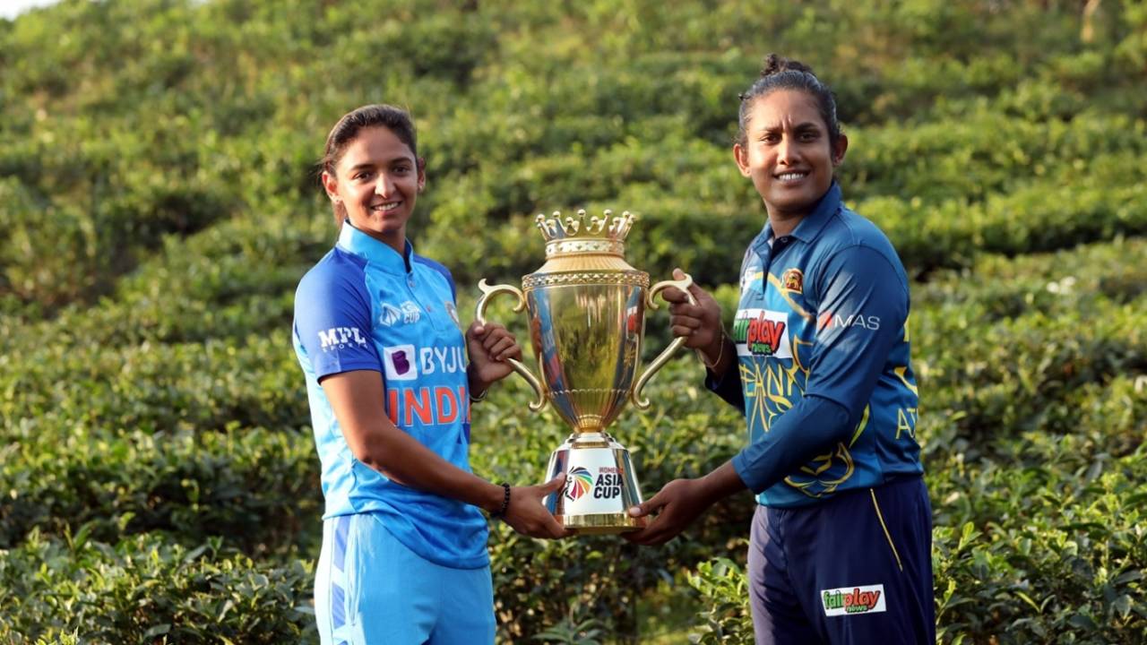 Harmanpreet Kaur and Chamari Athapaththu pose with the Asia Cup trophy ahead of the final, India vs Sri Lanka, Final, Women's T20 Asia Cup, Sylhet, October 14, 2022