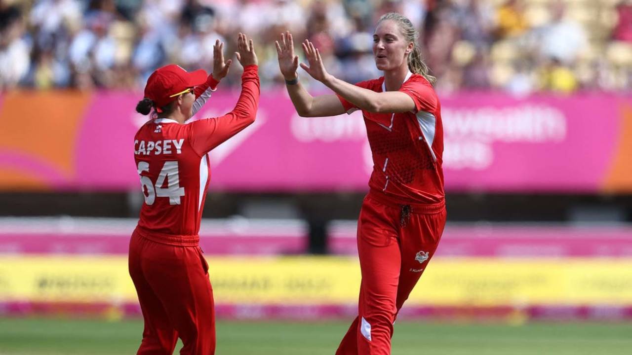 Freya Kemp celebrates a wicket with Alice Capsey&nbsp;&nbsp;&bull;&nbsp;&nbsp;PA Images/Getty