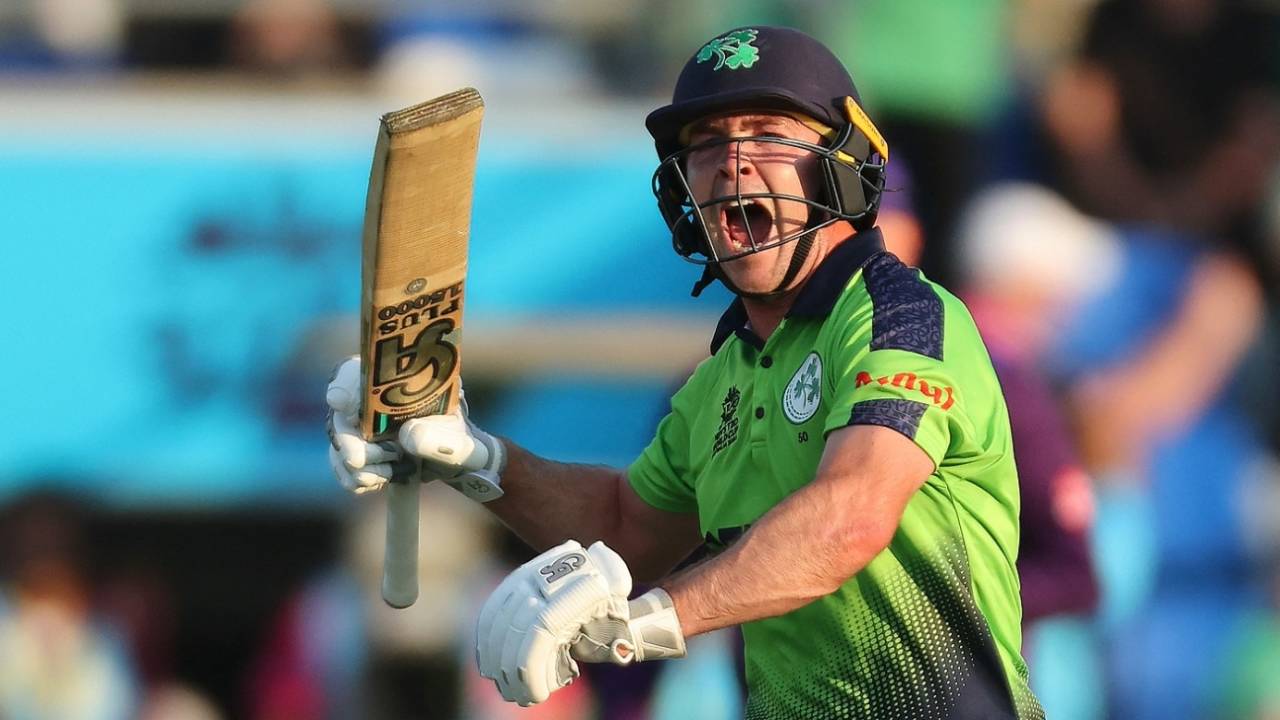 Curtis Campher lets out a big roar after hitting the winning runs, Ireland vs Scotland, Group B, T20 World Cup, Hobart, October 19, 2022