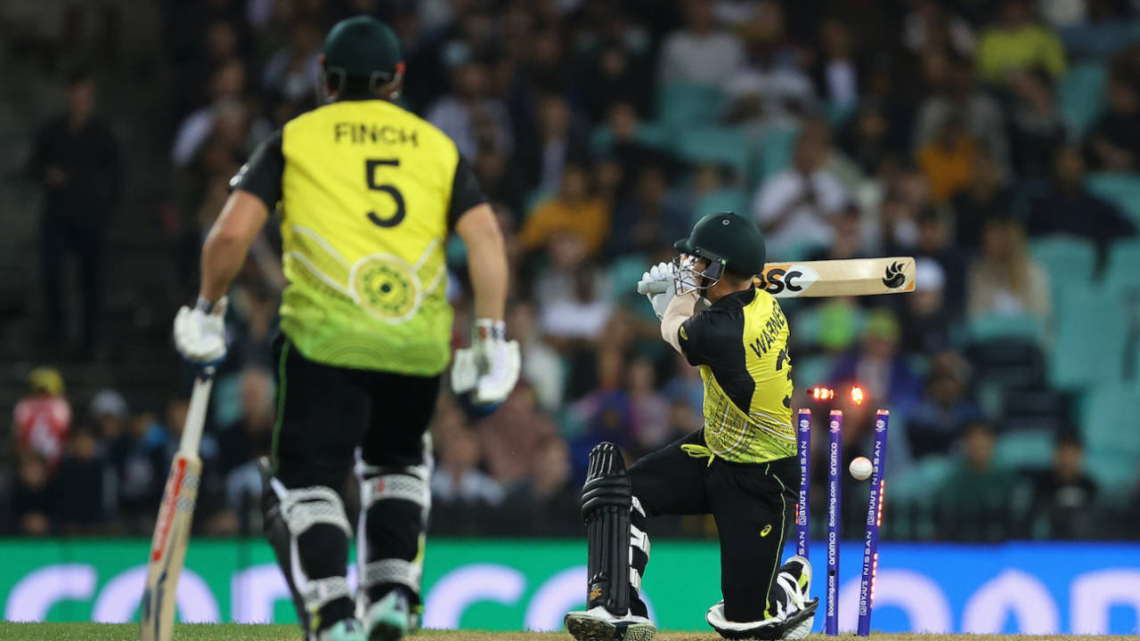 David Warner knocked the ball accidentally onto his stumps, Australia vs New Zealand, ICC Men's T20 World Cup 2022, Sydney, October 22, 2022
