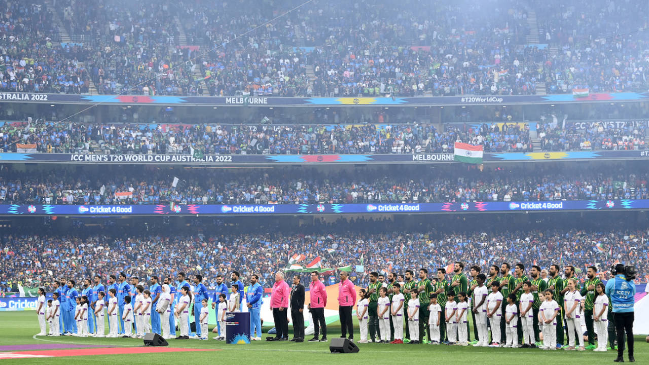 India and Pakistan line up for the national anthems at a packed MCG, India vs Pakistan, Men's T20 World Cup 2022, Super 12s, MCG, October 23, 2022