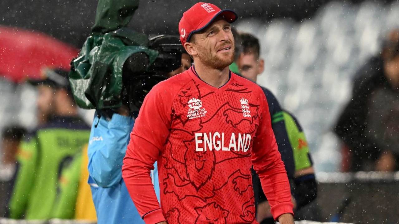 Jos Buttler in the rain after the game ended with England just short of the DLS par score, England vs Ireland, T20 World Cup, Melbourne, October 26, 2022