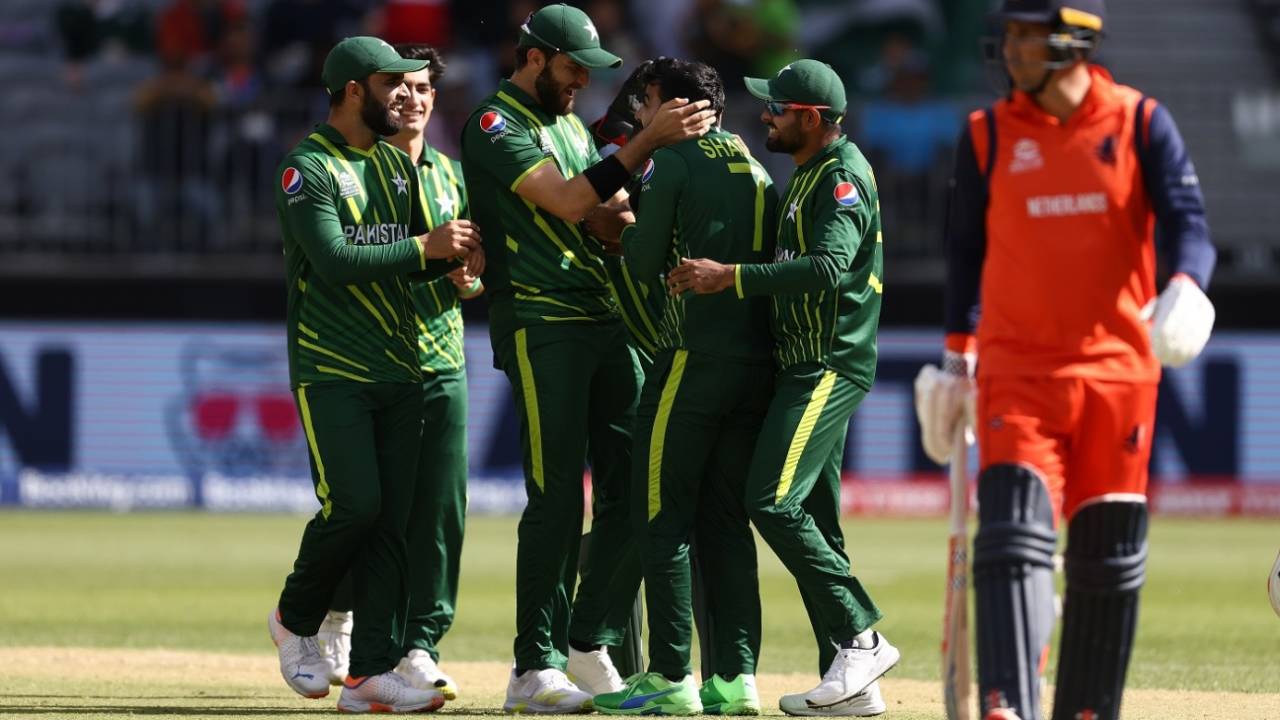 Shadab Khan celebrates with team-mates after dismissing Tom Cooper&nbsp;&nbsp;&bull;&nbsp;&nbsp;AFP via Getty Images