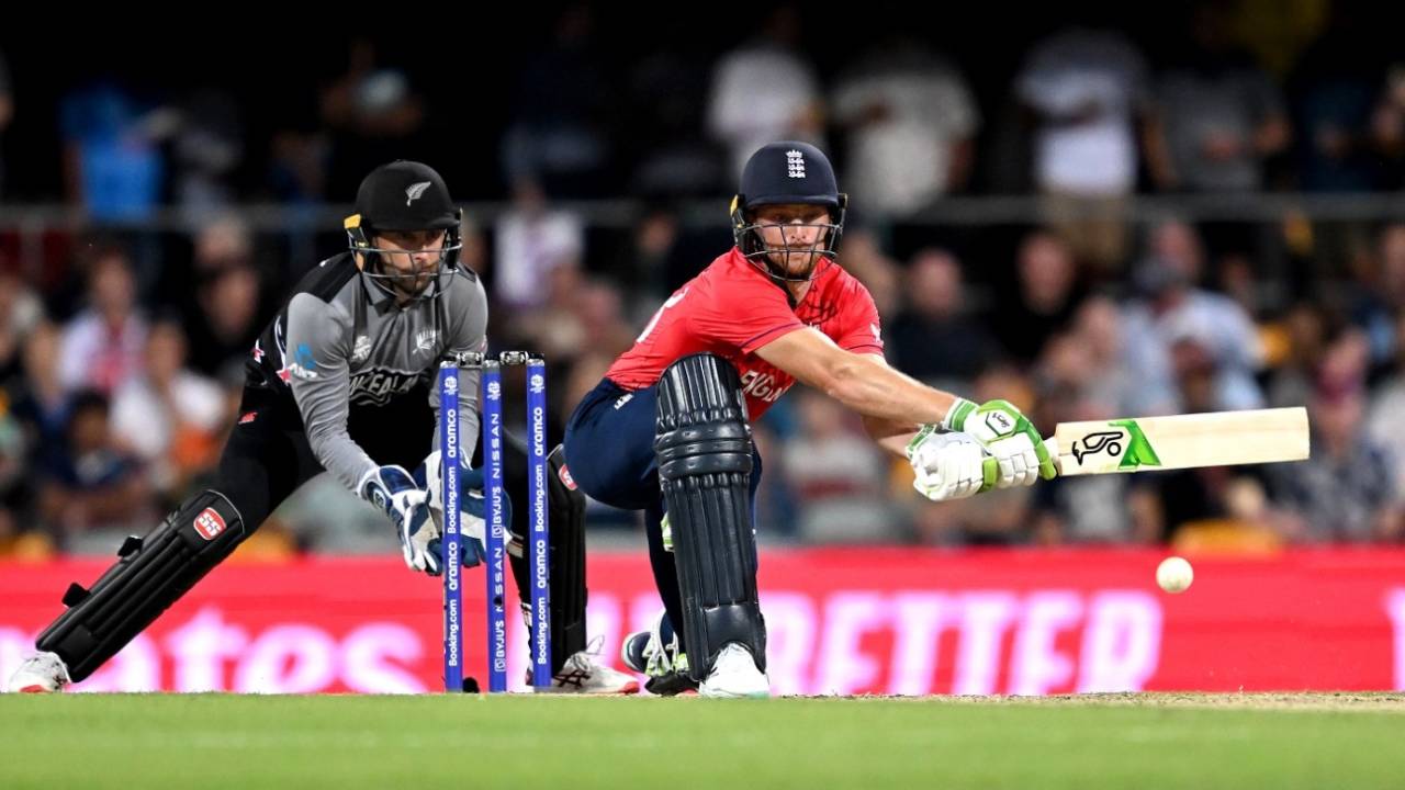 Jos Buttler connects a reverse sweep off Ish Sodhi, England vs New Zealand, T20 World Cup, Brisbane, November 1, 2022