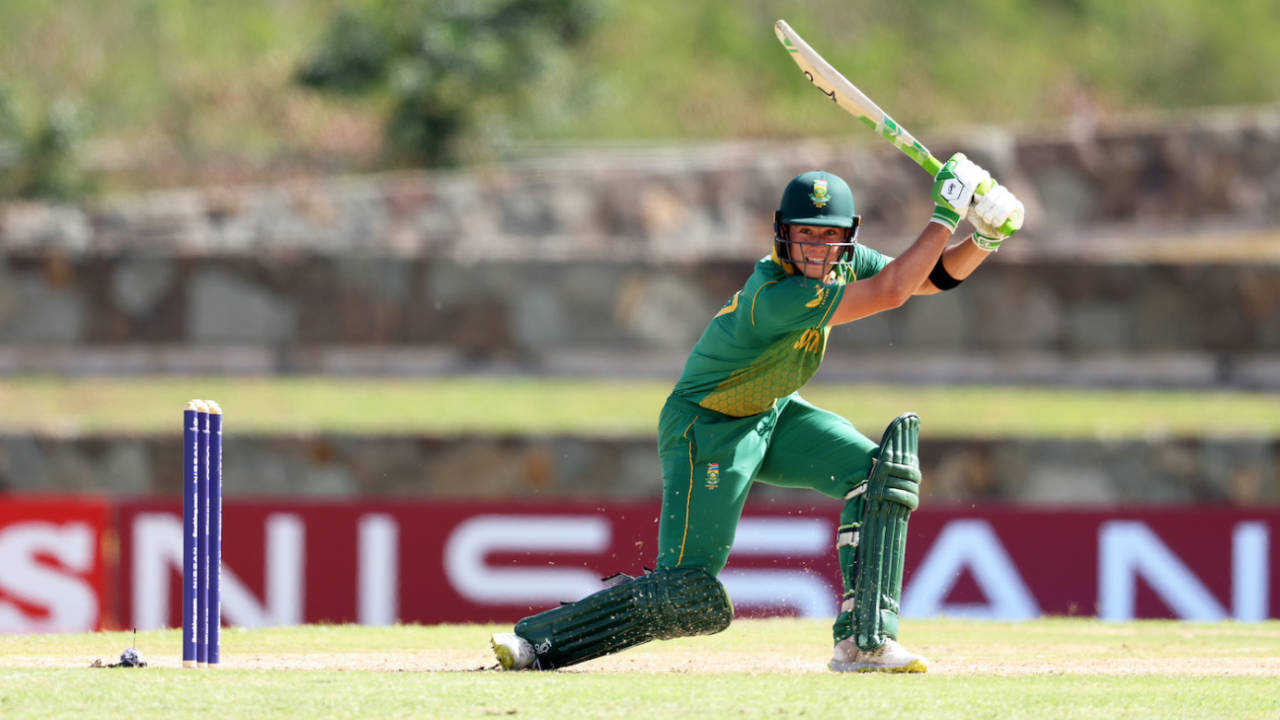 Dewald Brevis plays a shot, England vs South Africa, Under-19 World Cup 2022, Antigua, January 26, 2022 