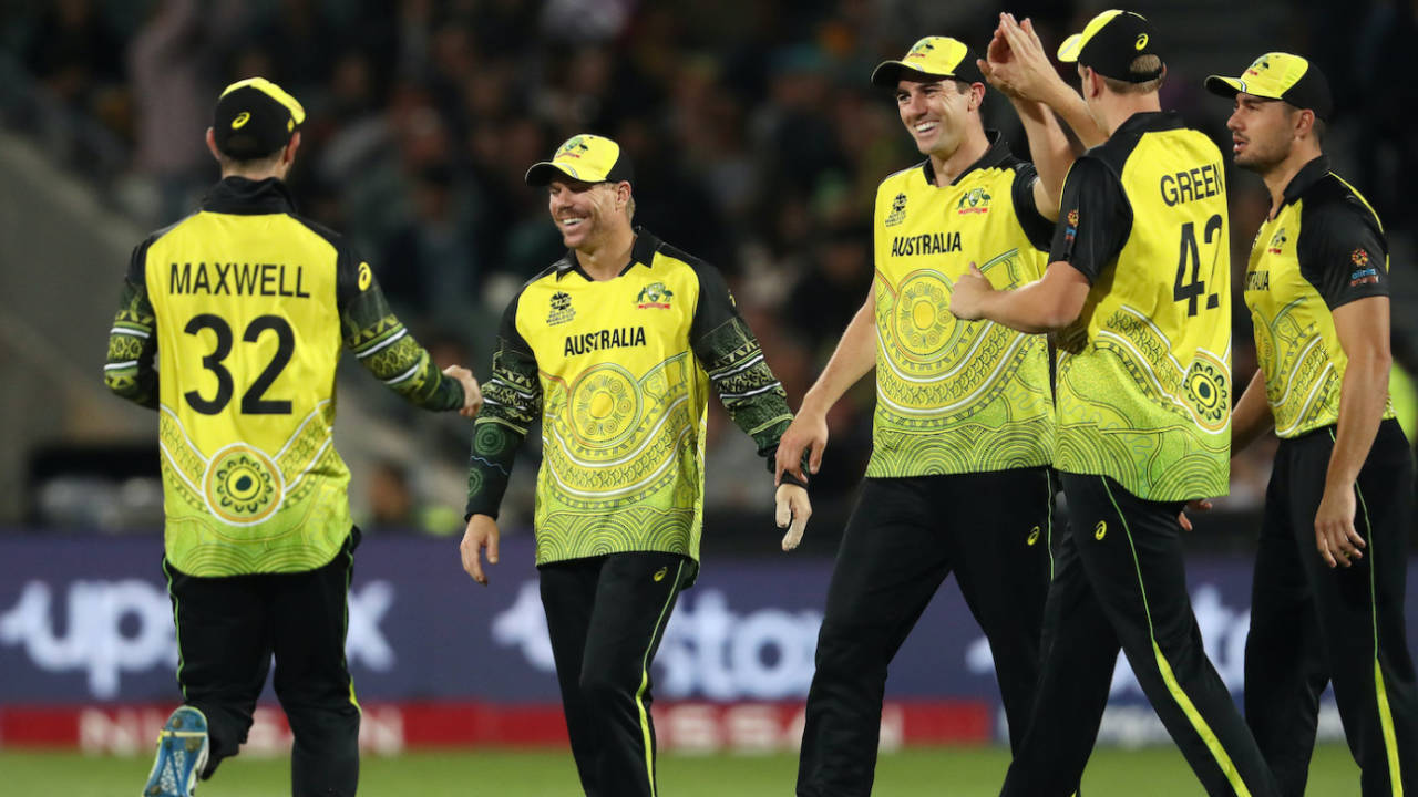 Australia's players celebrate after Usman Ghani's wicket fell, Afghanistan vs Australia, ICC Men's T20 World Cup 2022, Adelaide, November 4, 2022
