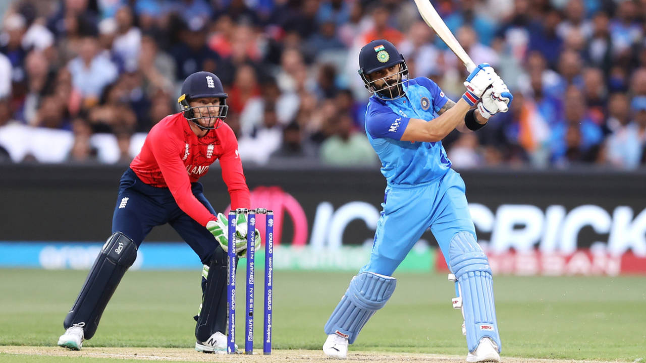 Eyes on the ball: Virat Kohli bats in the 2022 Men's T20 World Cup semi-final, England vs India, Men's T20 World Cup 2022, 2nd semi-final, Adelaide, November 10, 2022