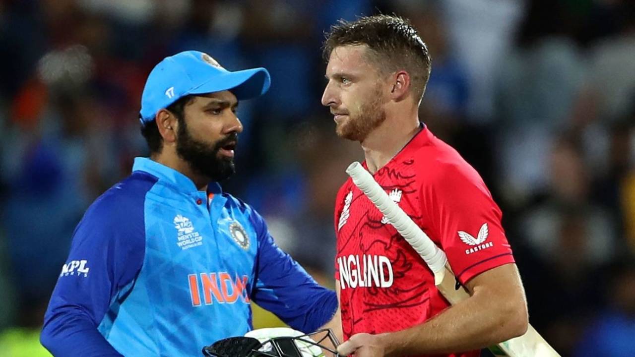 Rohit Sharma and Jos Buttler greet each other after the game, England vs India, T20 World Cup semi-final, Adelaide, November 10, 2022