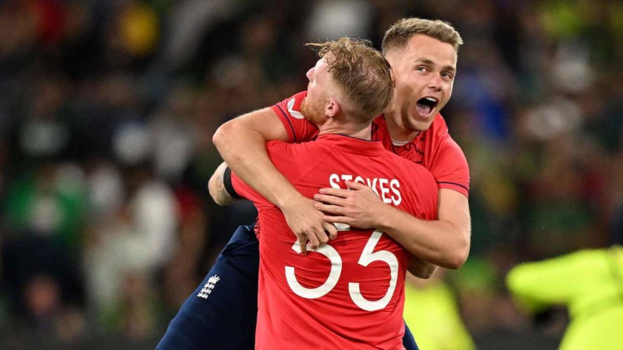 Sam Curran, player of the match, celebrates with Ben Stokes, the man of the moment, England vs Pakistan, T20 World Cup, final, November 13, 2022