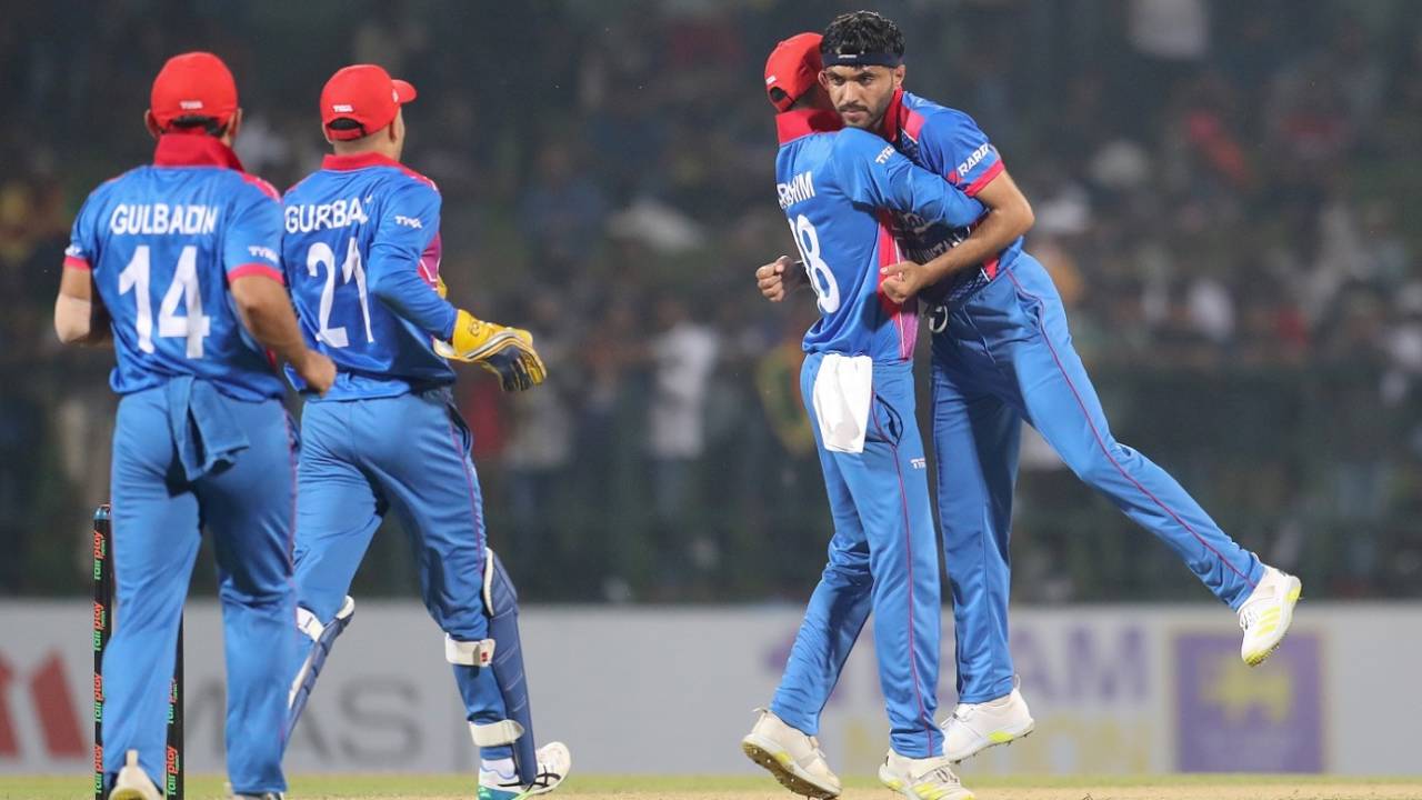 Yamin Ahmadzai is congratulated by his team-mates, Sri Lanka vs Afghanistan, 1st men's ODI, Pallekele, November 25, 2022