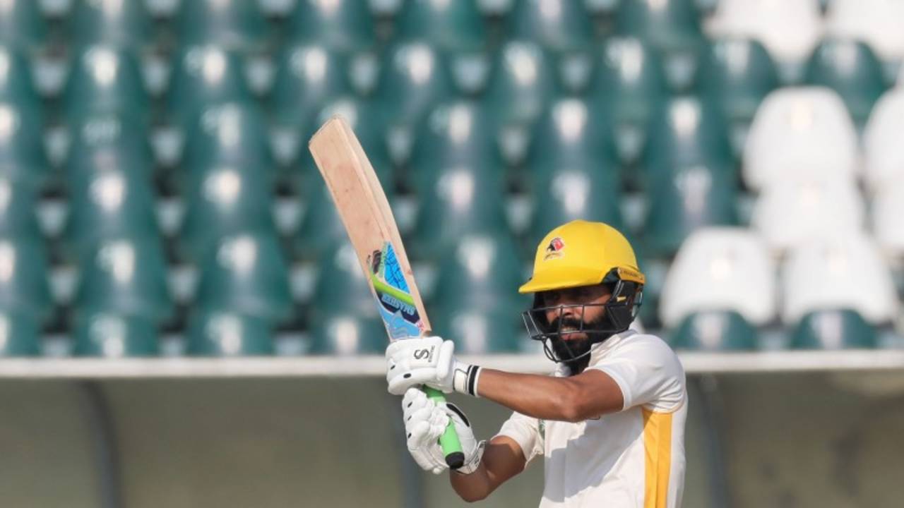 Fawad Alam plays a pull during his knock on the first day