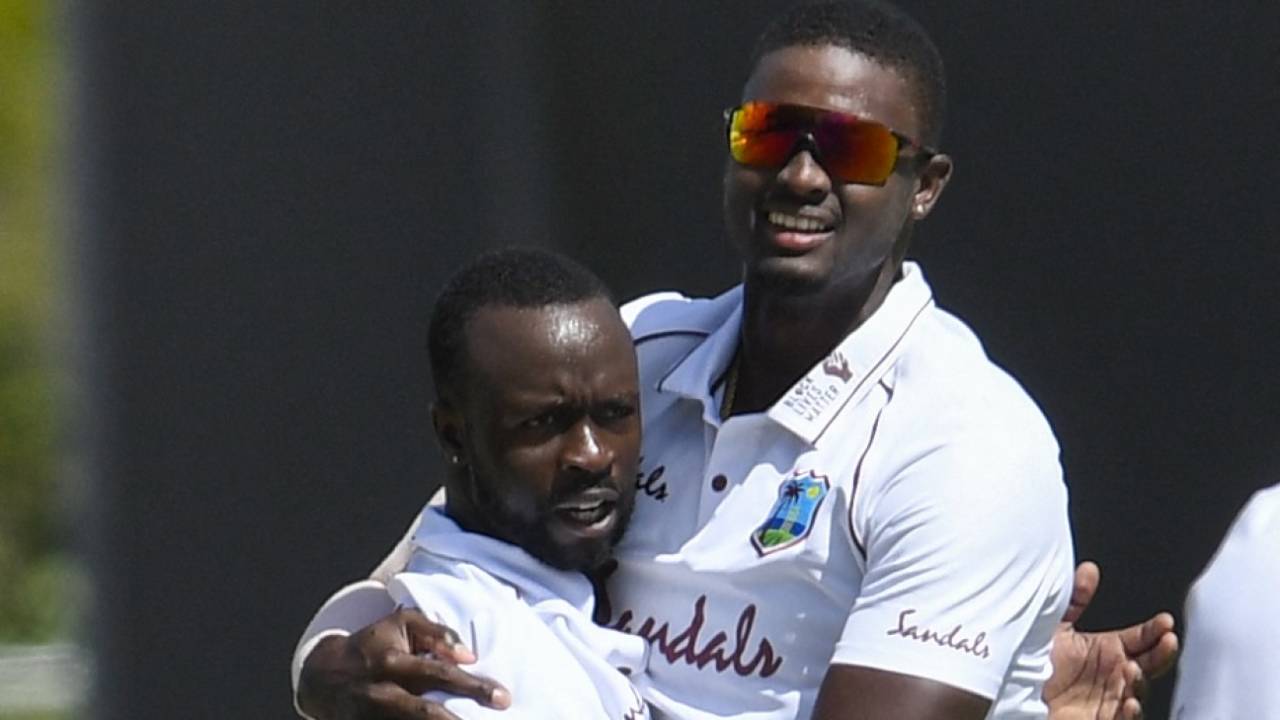Kemar Roach and Jason Holder celebrate, West Indies vs Sri Lanka, 2nd Test, Day 4, Antigua, April 1, 2021