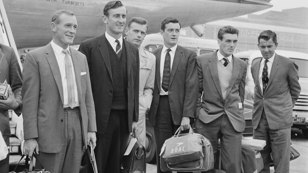Ted Dexter, Peter Richardson, Geoff Pullar, and David Allen on England's return from Pakistan, London, February 22, 1962